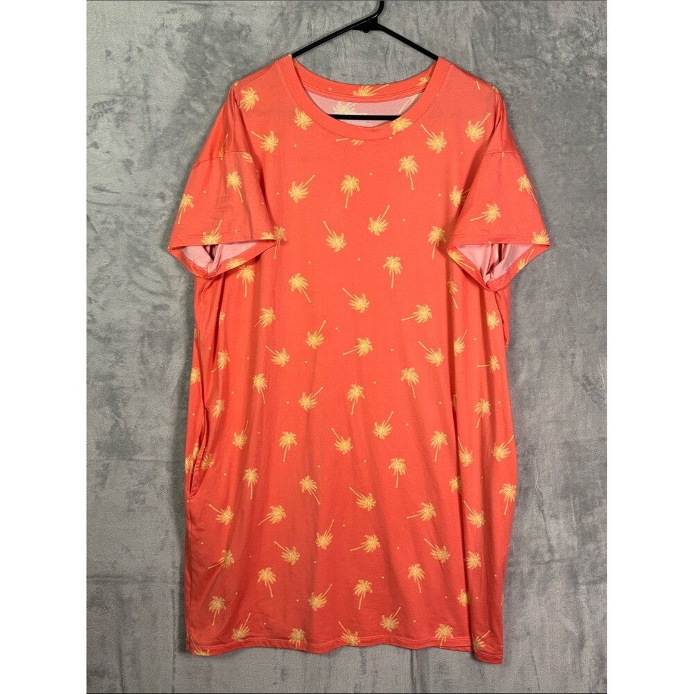 Joyspun Coral Crewneck Tshirt Dress Palm Trees with Pockets Size L/XL